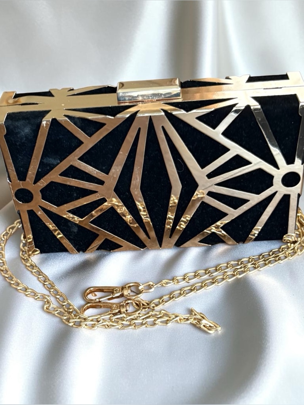Gold Metal/Black Velvet Handbag. Use as a Clutch or Crossbody. Preowned. $30.